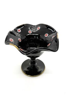 1930's Imperial Glass Cosmos Black Glass Compote with Daisy Pattern